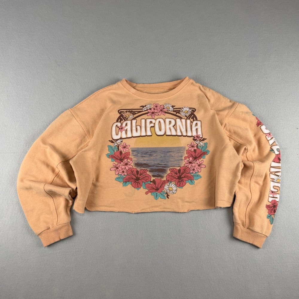 California Cropped women M Sweatshirt Peach Floral Graphic Pullover